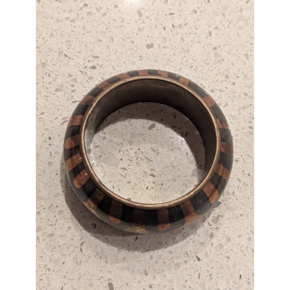 Vintage Bangle Bracelet Brass Copper Black Tone Chevron Design Chunky Metal - Picture 5 of 8